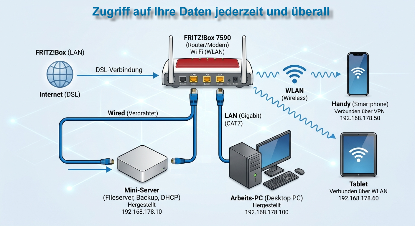 Netzwerkplan: FRITZ!Box 7590 als Router/Modem mit DSL-Internetzugang, verbunden per Gigabit-LAN mit einem Mini-Server (192.168.178.10, Fileserver/Backup/DHCP) und einem Arbeits-PC (192.168.178.100); Handy (192.168.178.50) greift per VPN und Tablet (192.168.178.60) per WLAN auf das Netzwerk zu
